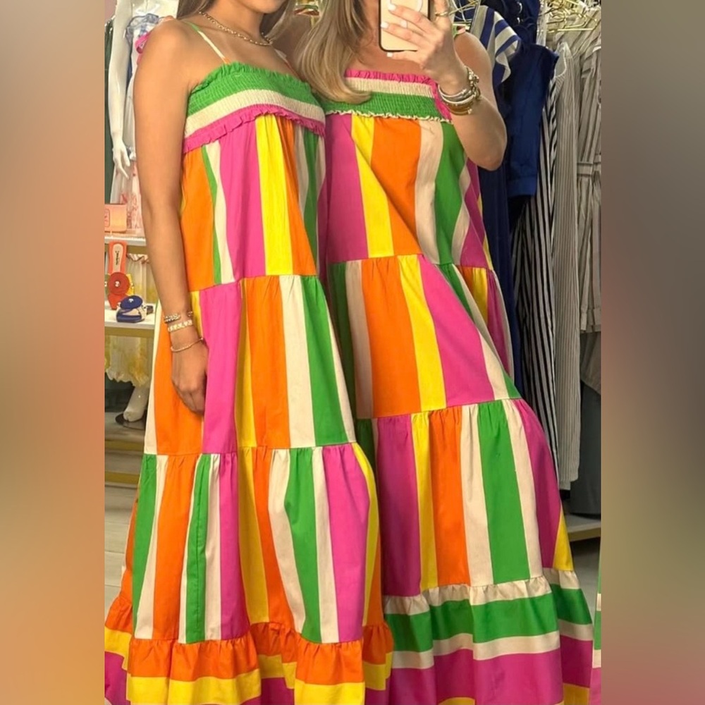 Flying Tomato Pink and Green Ruffled Maxi Dress with Tassle Straps